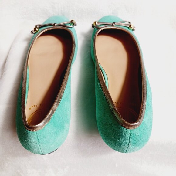 Lilly Pulitzer, Jewel Green Suede Flat Shoes, Size 7M, Gold Trim, Bow, Squared - Picture 12 of 16